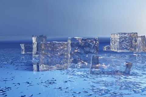 3d render of melting ice cubes and droplets on blue background Stock Illustration