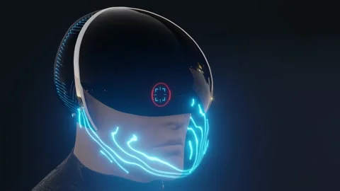 3d render of men in robotic futuristic cyberpunk helmet Stock Footage 134026897