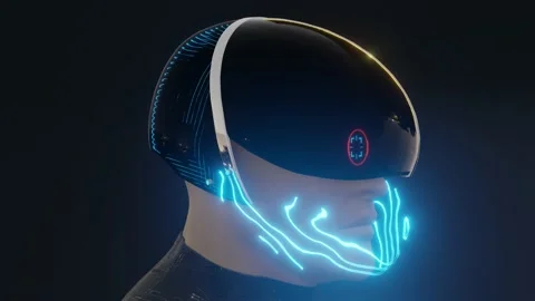 3d render of men in robotic futuristic cyberpunk helmet Stock Footage 134026972
