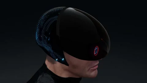 3d render of men in robotic futuristic cyberpunk helmet Stock Footage 134075860