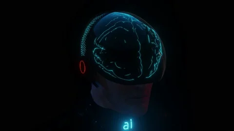 3d render of men in robotic futuristic cyberpunk helmet Stock Footage 134312038