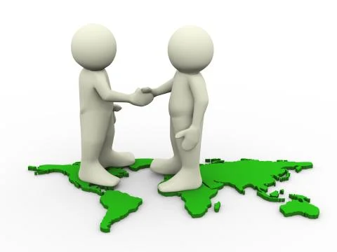 3d render of men standing on world map and shaking hand. 3d illustration of h Illustrazione stock