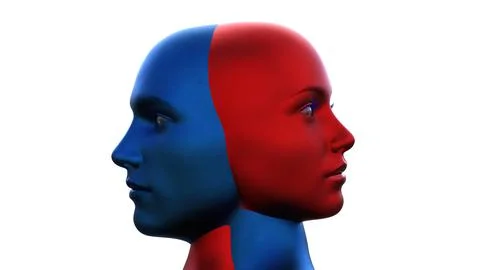 3d render. Merger of a male blue head and a red female head on a white Stock Illustration