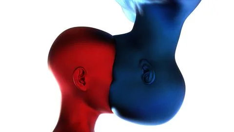 3d render. Merger of a male blue head and a red female head on a white Stock Illustration