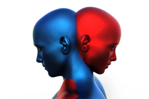 3d render. Merger of a male blue head and a red female head on a white Stock Illustration