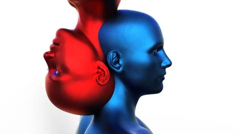 3d render. Merger of a male blue head and a red female head on a white Stock Illustration