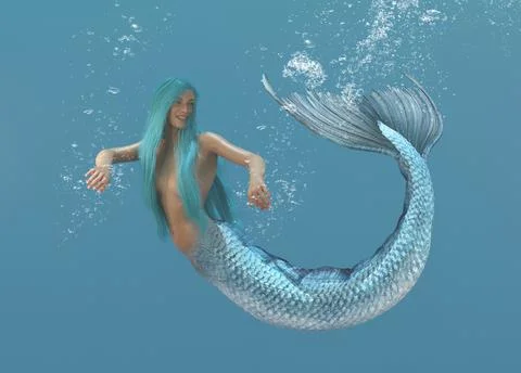 3D render: a mermaid creature is swimming under the sea Illustrazione stock