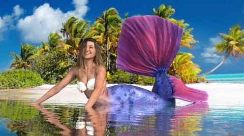 3D Render : A mermaid is leaning on the small sand beach isolated on the ocean Stock Illustration