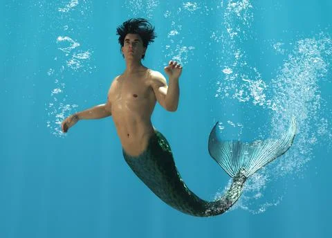 3D render: a merman creature is swimming under the sea Stock Illustration