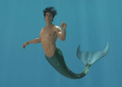 3D render: a merman creature is swimming under the sea Illustrazione stock