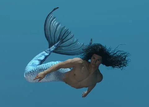 3D render: a merman creature is swimming under the sea Stock Illustration
