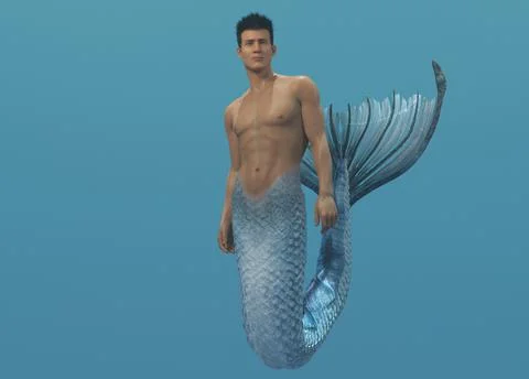 3D render: a merman creature is swimming under the sea Illustrazione stock