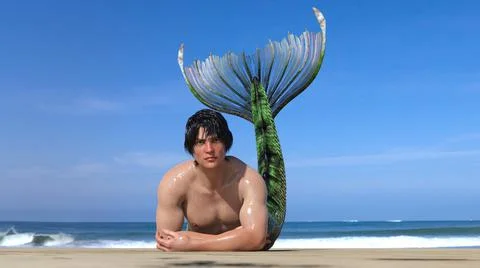 3D Render : A merman is leaning on the small sand beach in the sunny day Stock Illustration