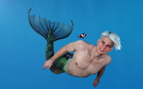 3D render: a merman is swimming under the sea Illustrazione stock