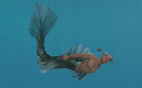 3D render: a merman is swimming under the sea Illustrazione stock