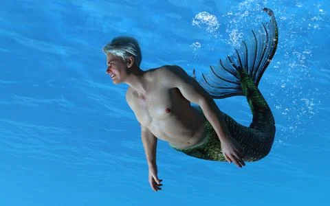 3D render: a merman is swimming under the sea Illustrazione stock