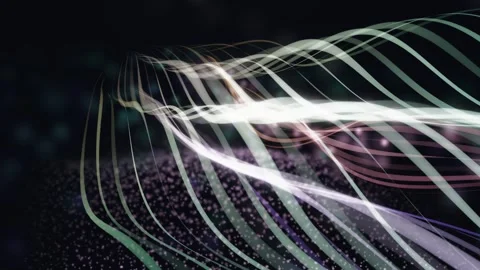 3D Render A mesmerizing, dynamic 3D render video unfolds in a vast, dark, and Vídeo Stock 340297442