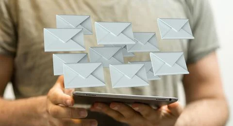 3D render of the "Message" icon being manipulated by a person in a holographic m Stock Photos