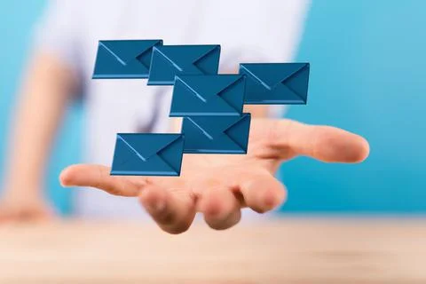 3D render of the "Message" icon being manipulated by a person in a holographic m Stock Photos