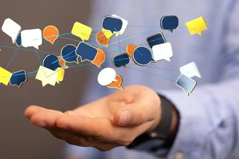 3D render of the "Message" icon being manipulated by a person in a holographic m Stock Photos
