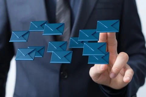 3D render of the "Message" icon being manipulated by a person in a holographic m Stock Photos