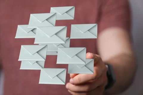 3D render of the "Message" icons being manipulated by a person in a holographic Stock Photos