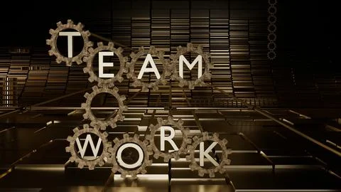 3d render of metal gears and machinery with teamwork spelled out Stock Illustration