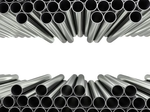 3d render of metal pipes stacked in pile isolated on white as a background Stock Illustration