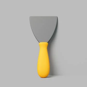 3D render of metal putty knife with yellow handle on grey background Illustration