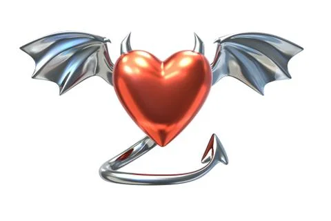 3D render of Metalic Heart shape with devil wings isolated on white background Stock Illustration