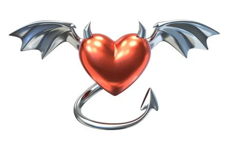 3D render of Metalic Heart shape with devil wings isolated on white background Stock Illustration