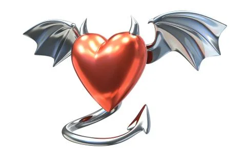 3D render of Metalic Heart shape with devil wings isolated on white background Stock Illustration