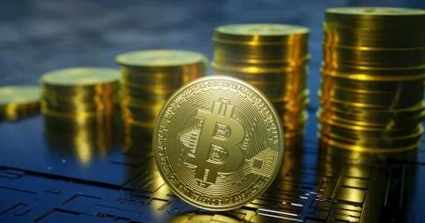 3d render of metallic bitcoin with rising columns of coins in background. Stock Illustration