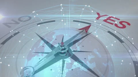 3D render metallic compass rose rotating over network nodes grid while red arrow Video stock 309112590