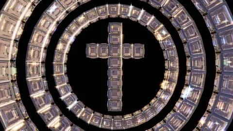 A 3D render of a metallic cross and diamond halo on a black backdrop. Stock Illustration