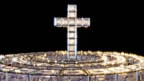 A 3D render of a metallic cross and diamond halo on a black backdrop. Illustrazione stock
