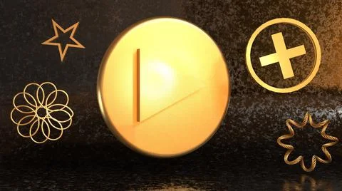 3D Render, metallic golden play button with plus icon, star, and lines Stock Illustration