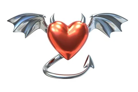 3D render of Metallic Heart shape with devil wings isolated on white background Stock Illustration