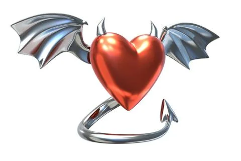 3D render of Metallic Heart shape with devil wings isolated on white background Stock Illustration