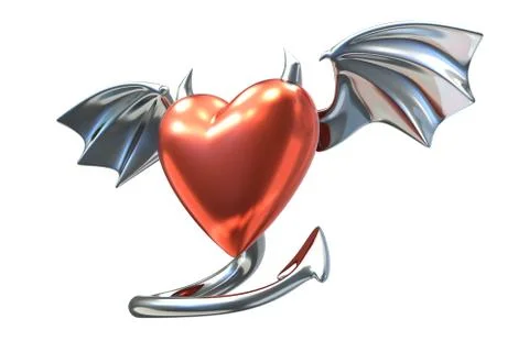 3D render of Metallic Heart shape with devil wings isolated on white background Stock Illustration