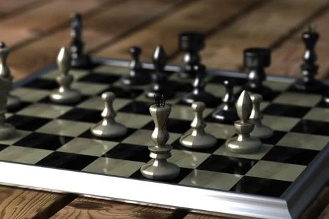 3D render of a metallic king piece on blurred chessboard background Foto stock