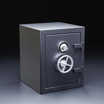 3D render of metallic safe deposit box on dark background 스톡 일러스트