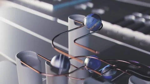 3D Render Metallic Spheres Moving Along White Structural Pillars Stock Footage 330478360