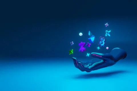 3d render. Metaverse with cryptocurrency and blockchain. Hand and crypt signs Ilustración de archivo