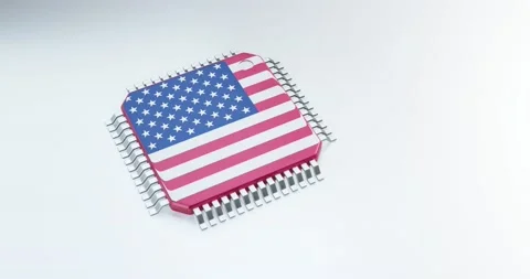 3d render of microchip or semiconductor chip in US flag, for computing. Stock Footage 234398968