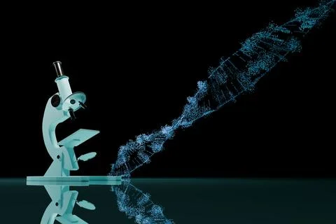 3d render of microscope and double helix Illustrazione stock