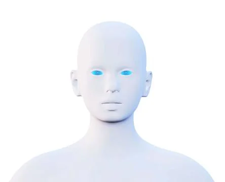 3d render of minimal female head, robot, frontal view, isolated on white Illustrazione stock