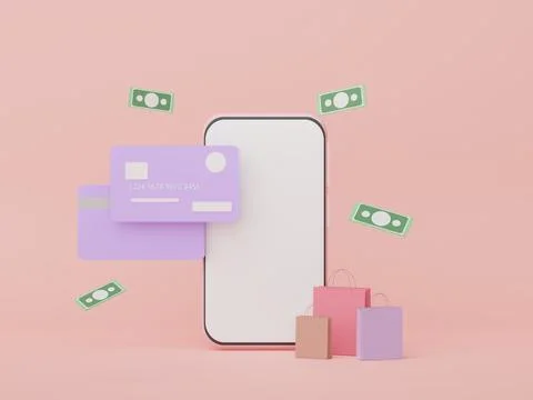 3d render Minimal mini mobile phone or smartphone with credit cards. Money .. Stock Illustration