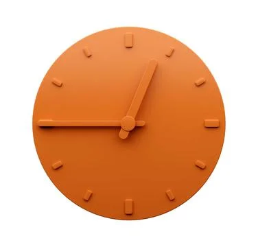 3D render of a minimal orange clock at 12:45 on a white background Illustrazione stock
