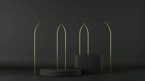 3d render, minimalist black background. Empty cylinder podium, Stock Illustration